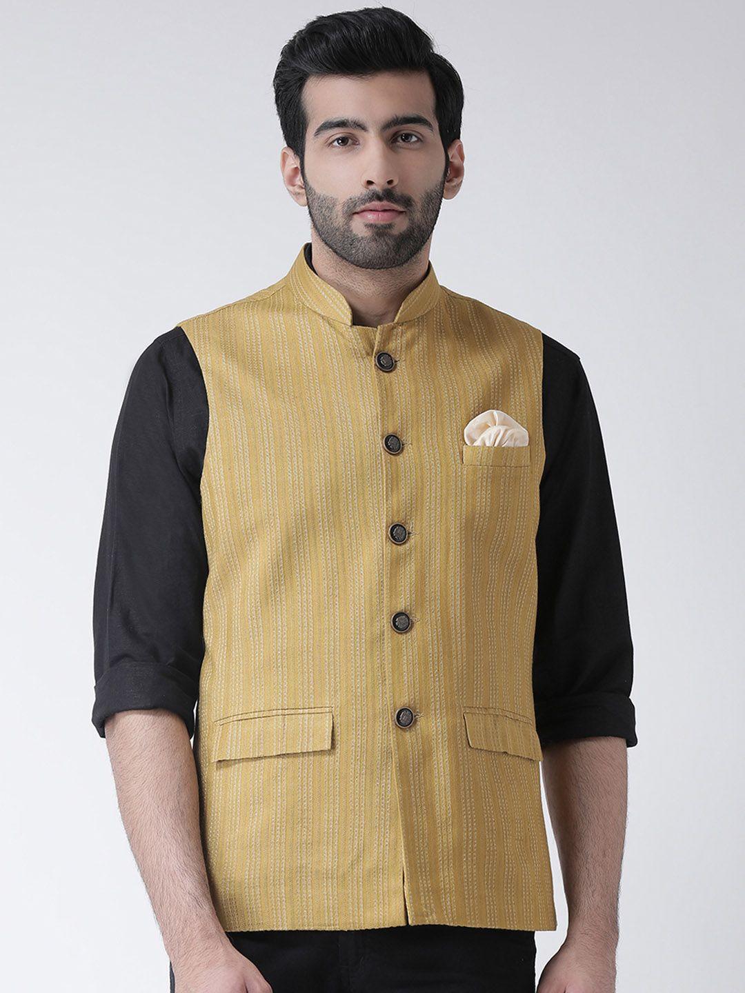 kisah-men-beige-woven-design-nehru-jacket