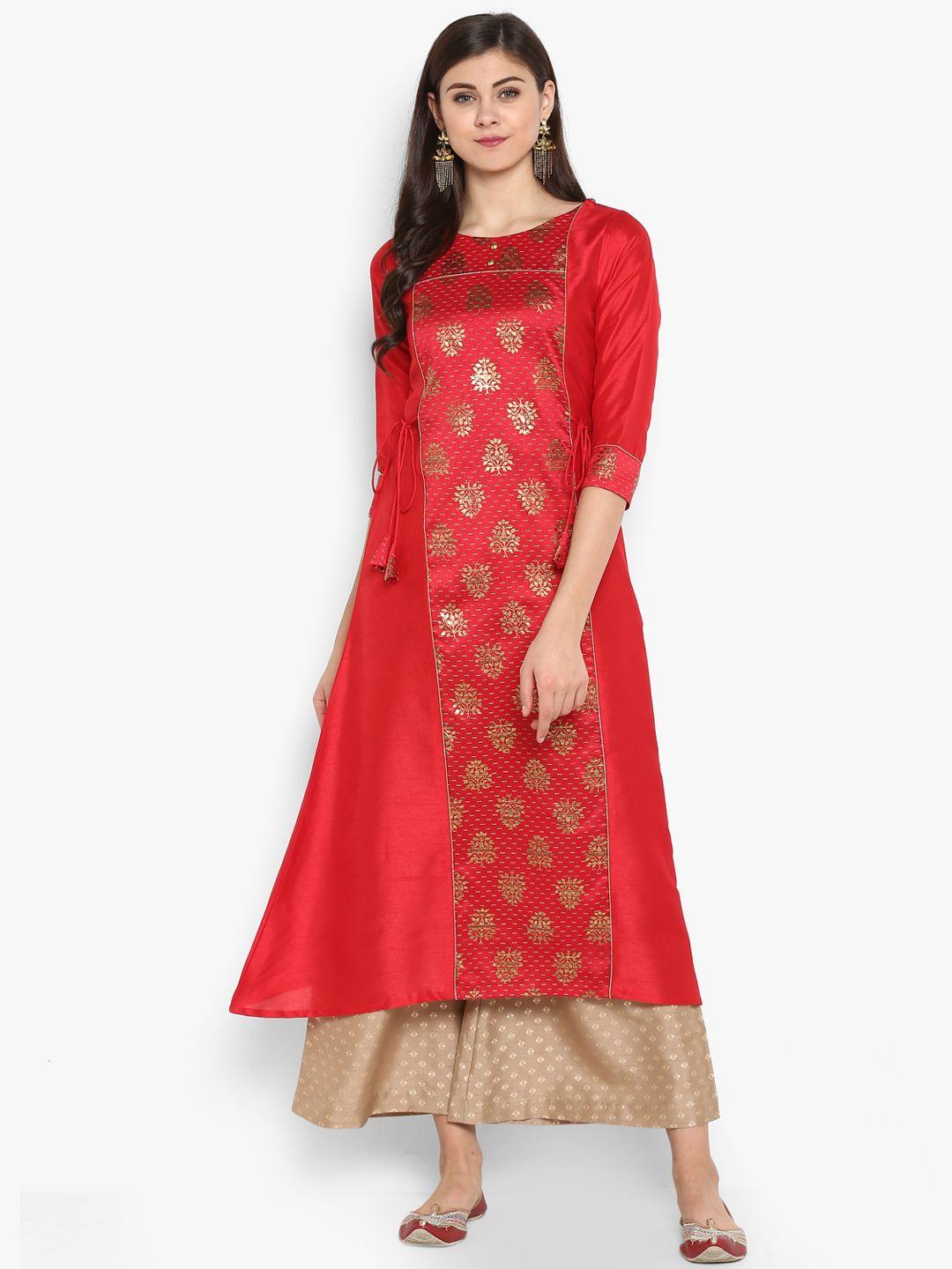 janasya-women-red-&-beige-printed-kurti-with-palazzos