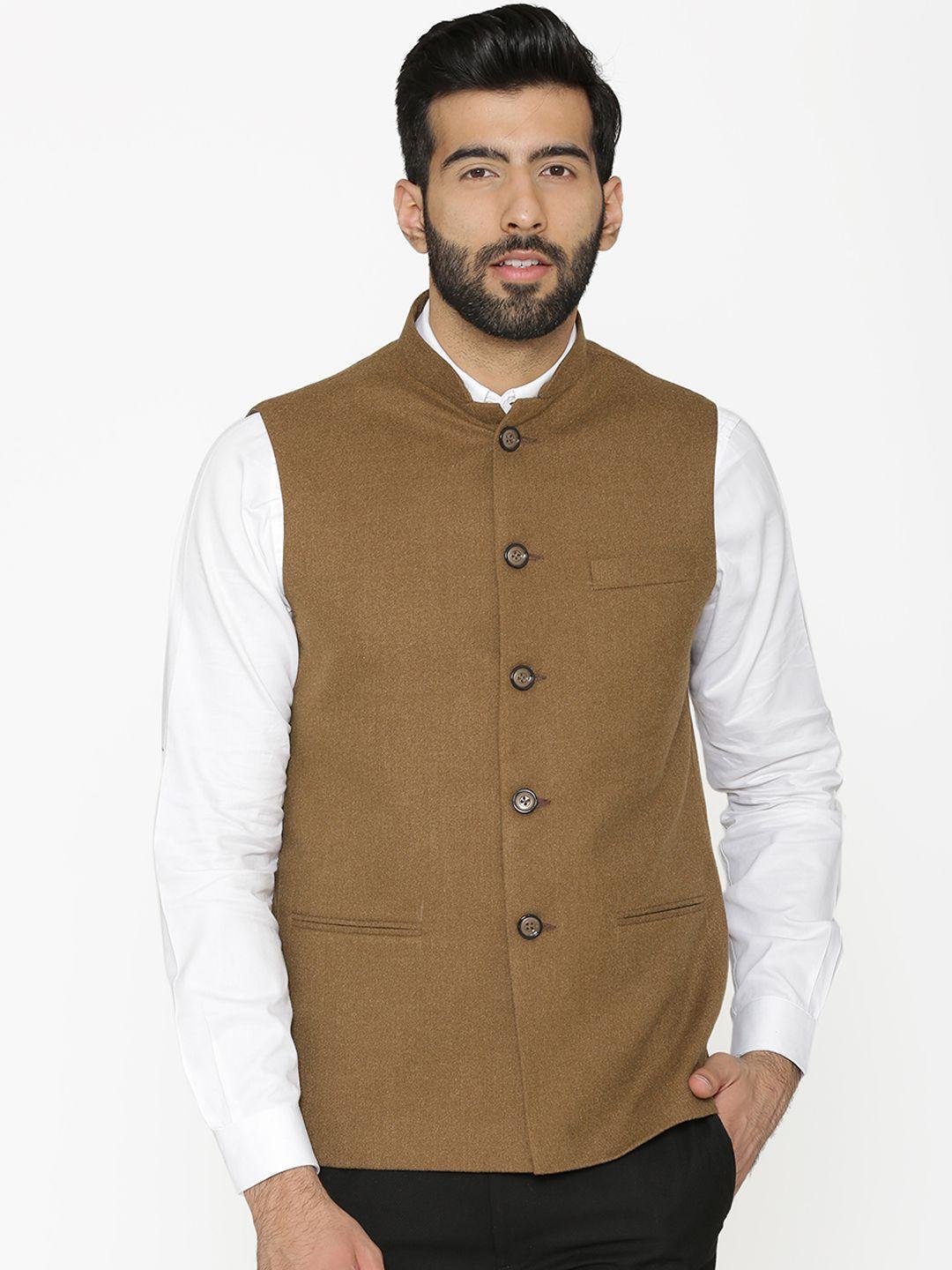wintage-men-khaki-woven-design-nehru-jacket