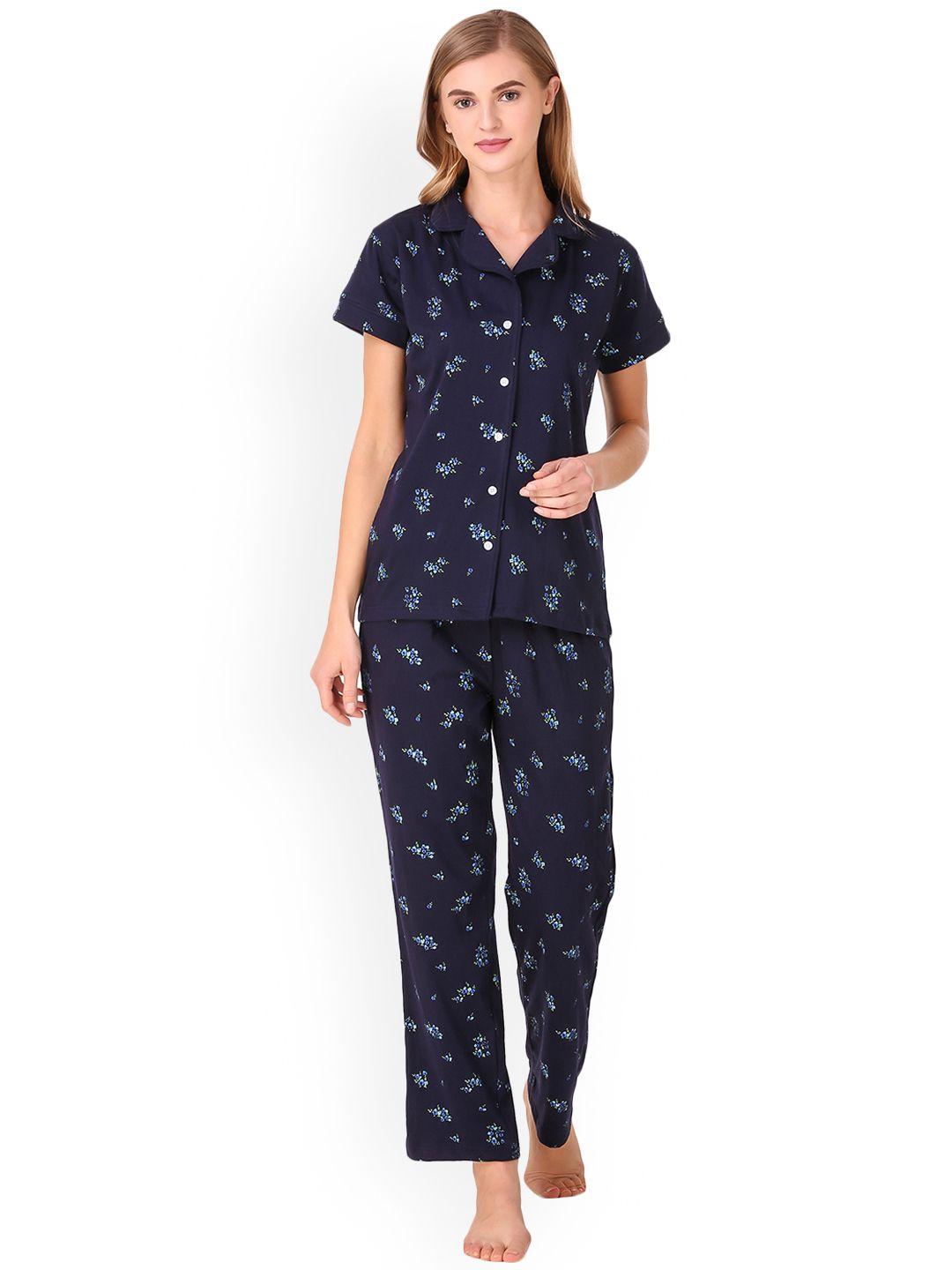 masha-women-navy-blue-ditsy-floral-print-pure-cotton-pyjamas-set