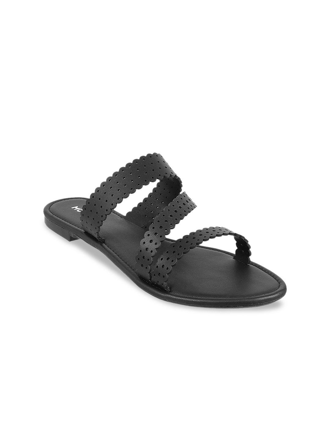 mochi-women-black-textured-open-toe-flats