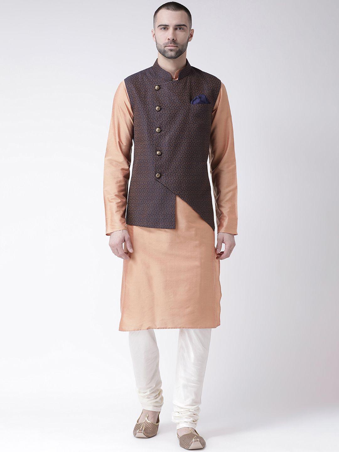kisah-men-peach-coloured-&-white-printed-churidar-kurta-with-nehru-jacket