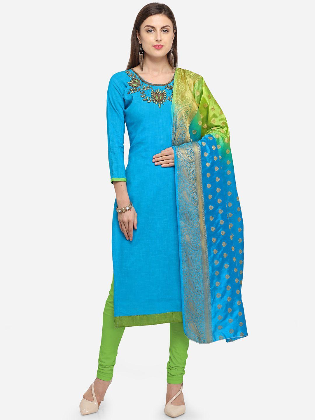 blissta-women-blue-&-green-cotton-blend-unstitched-dress-material