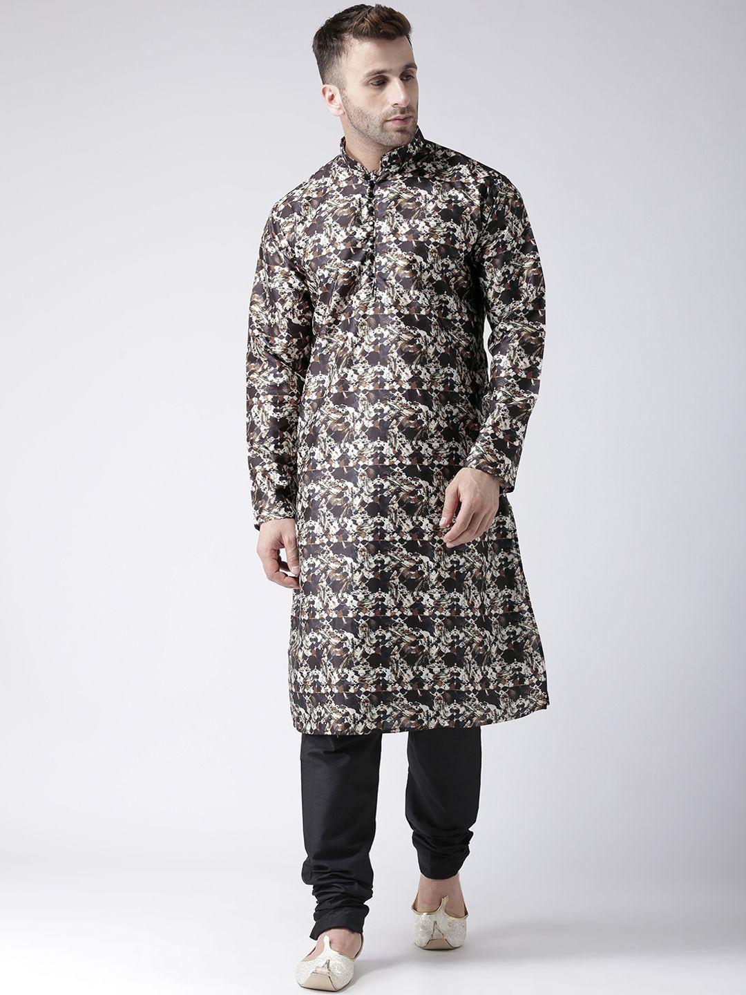 hangup-men-brown-&-grey-printed-kurta-with-pyjamas