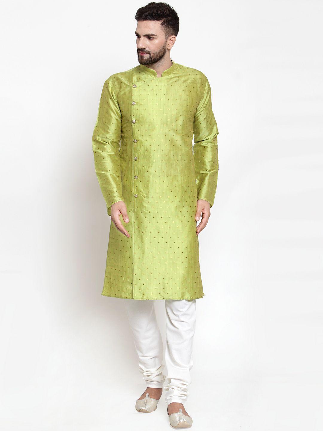 jompers-men-lime-green-&-white-self-design-kurta-with-churidar