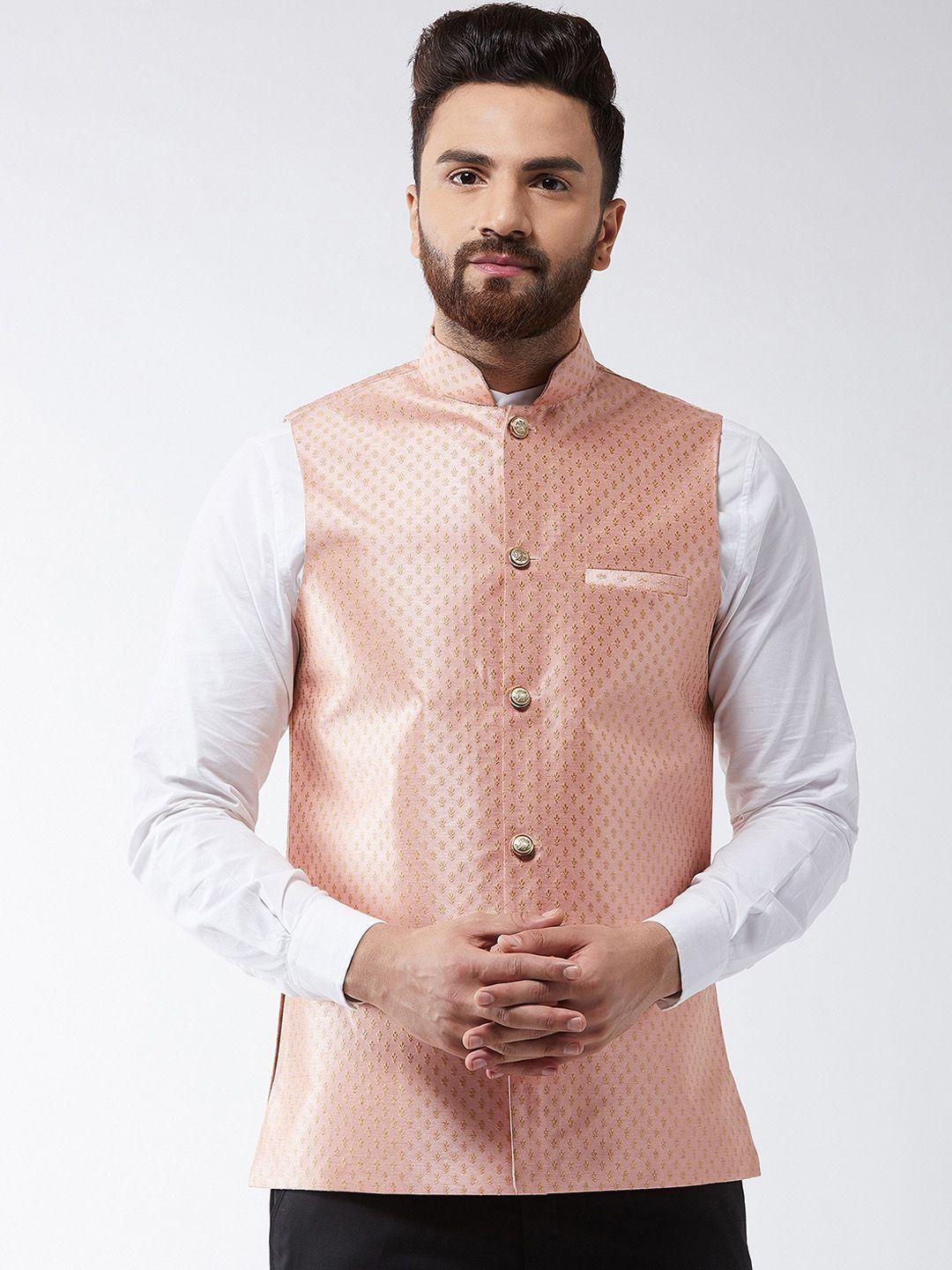 sojanya-men-peach-coloured-woven-design-nehru-jacket