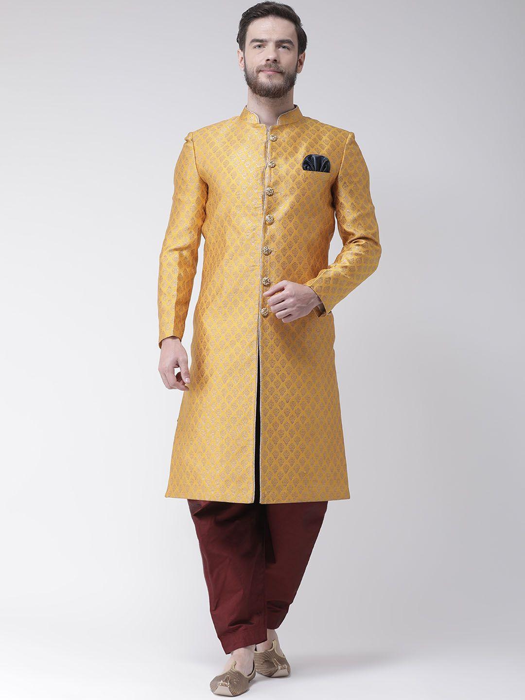 hangup-men-mustard-yellow-&-maroon-sherwani-with-dhoti-pants