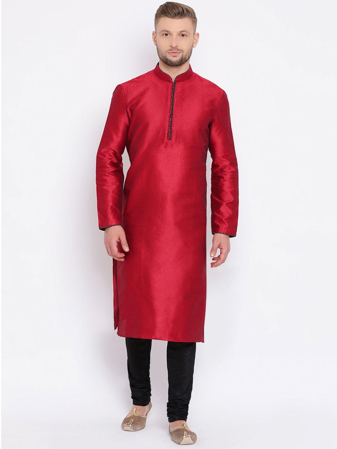 sanwara-men-red-&-black-self-design-dupion-silk-handloom-kurta-with-churidar