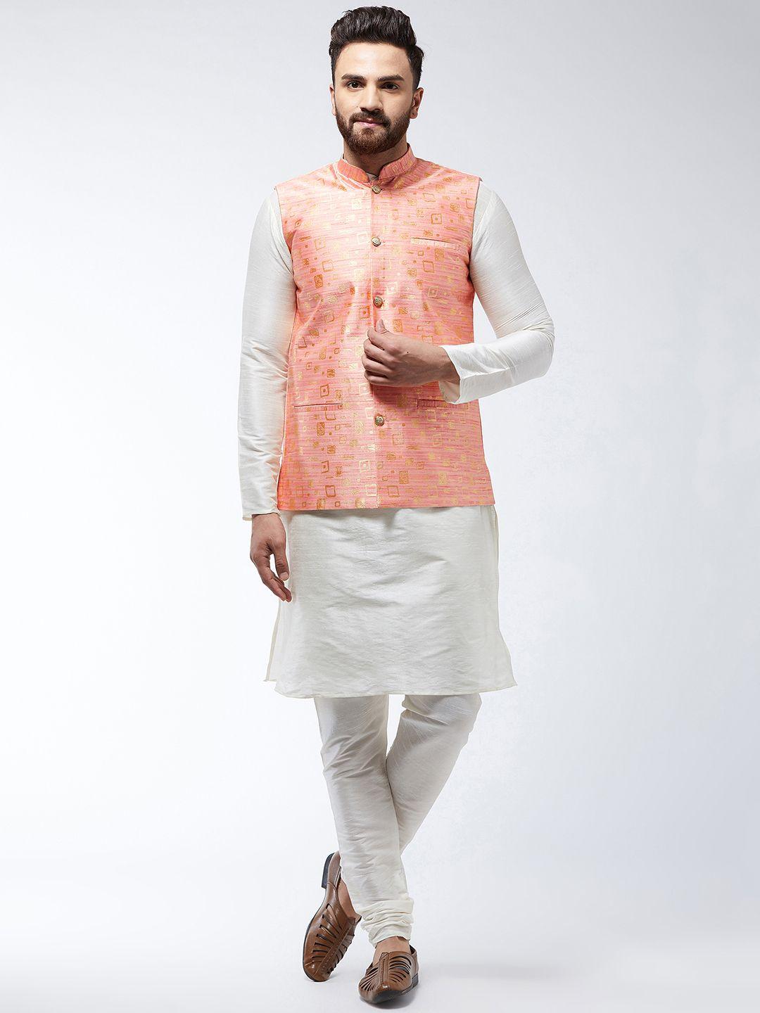 sojanya-men-off-white-&-peach-coloured-solid-kurta-with-churidar-&-nehru-jacket