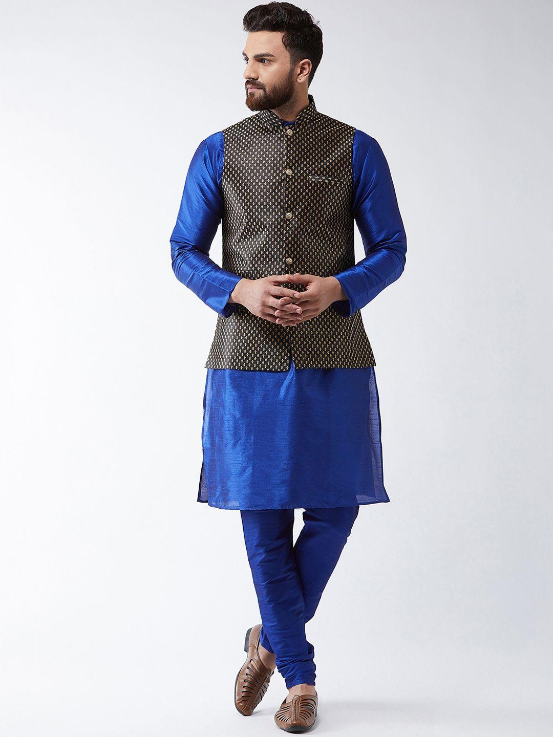 sojanya-men-blue-&-black-solid-kurta-with-churidar-&-nehru-jacket