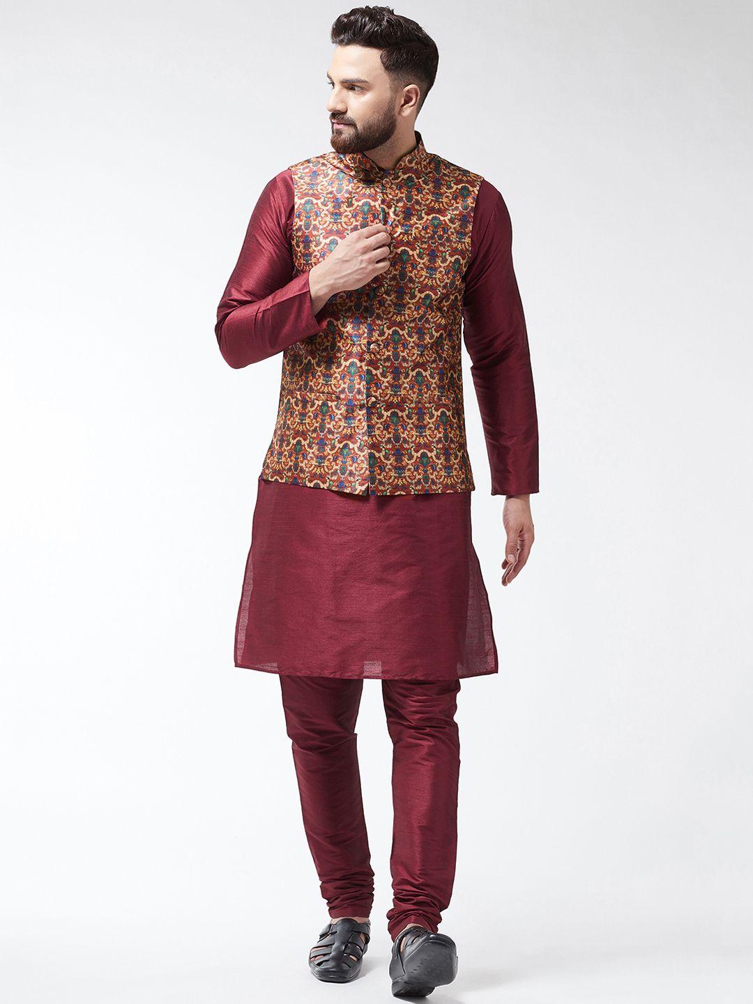 sojanya-men-maroon-printed-kurta-churidar-with-nehru-jacket