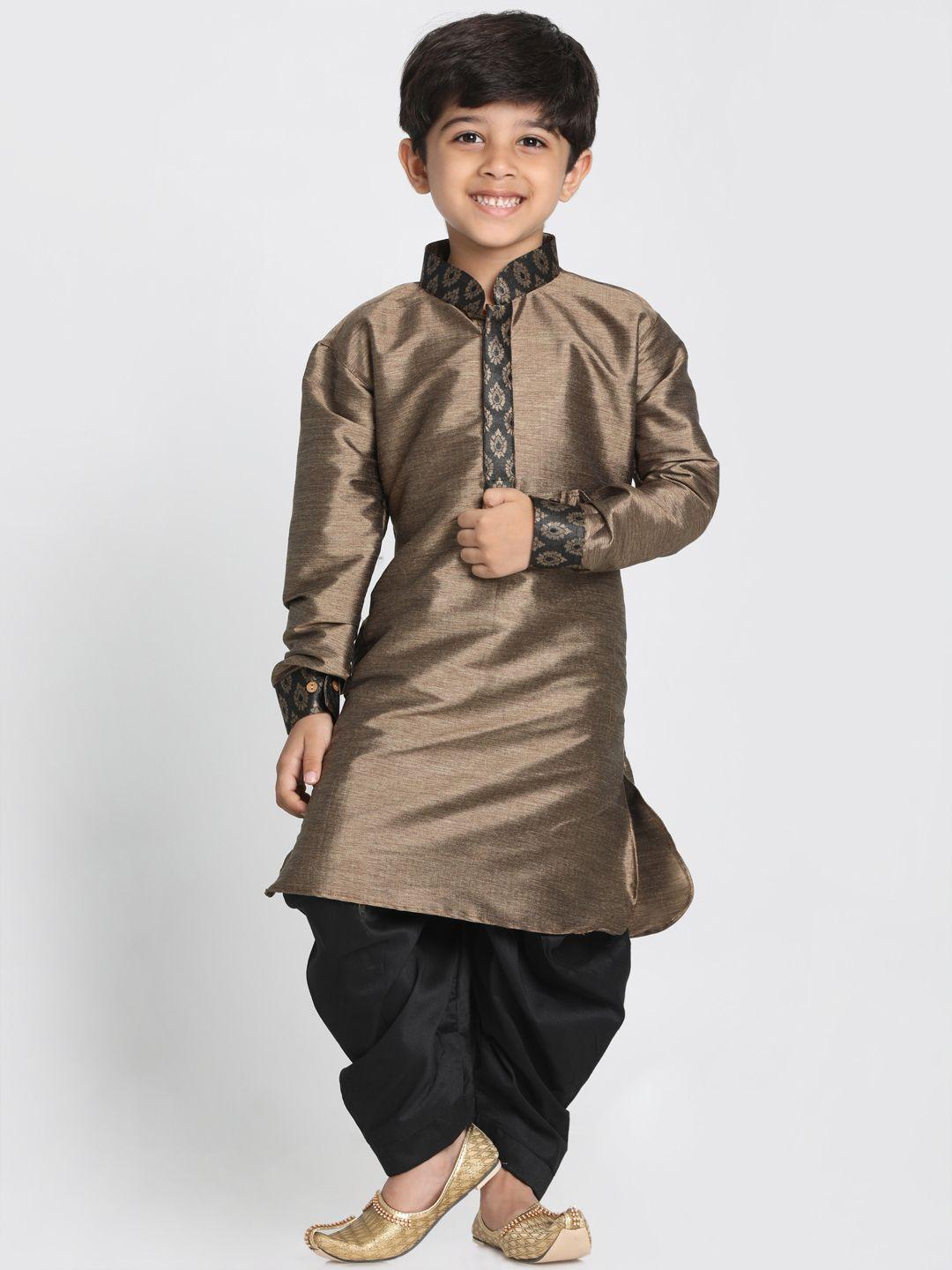vastramay-boys-brown-&-black-self-design-kurta-with-dhoti-pants