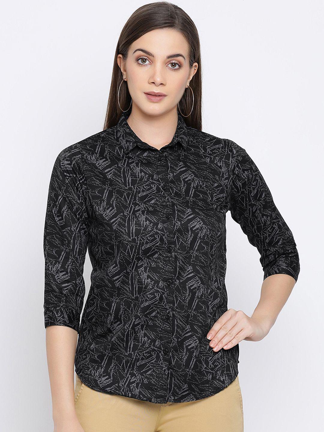 crimsoune-club-women-black-slim-fit-printed-casual-shirt