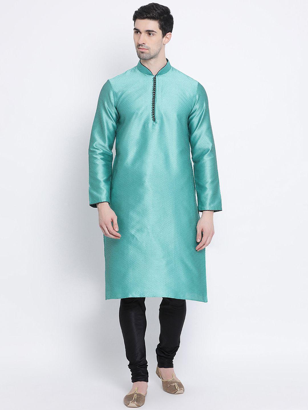 sanwara-men-sea-green-&-black-self-design-kurta-with-churidar