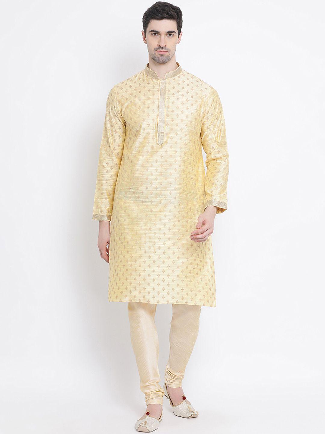 sanwara-men-yellow-&-gold-coloured-self-design-kurta-with-churidar