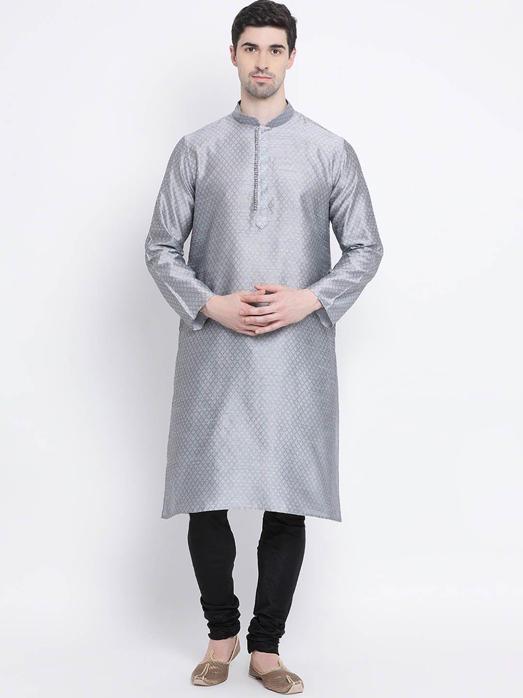 sanwara-men-grey-&-black-self-design-kurta-with-churidar