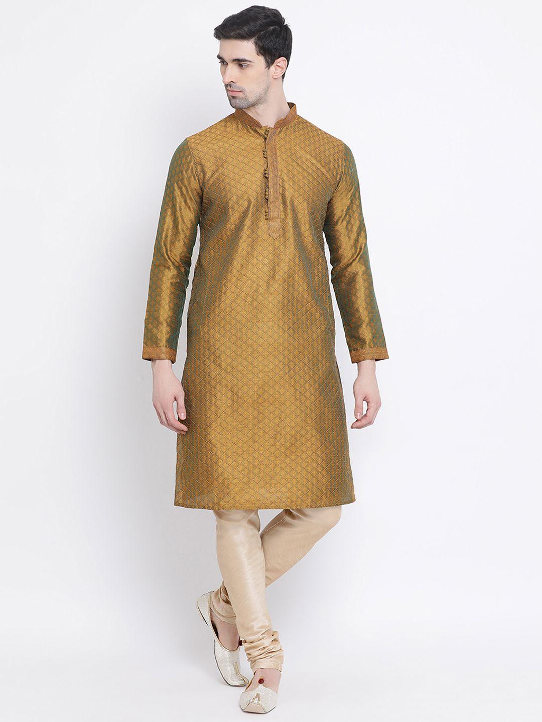 sanwara-men-brown-&-gold-coloured-self-design-kurta-with-churidar