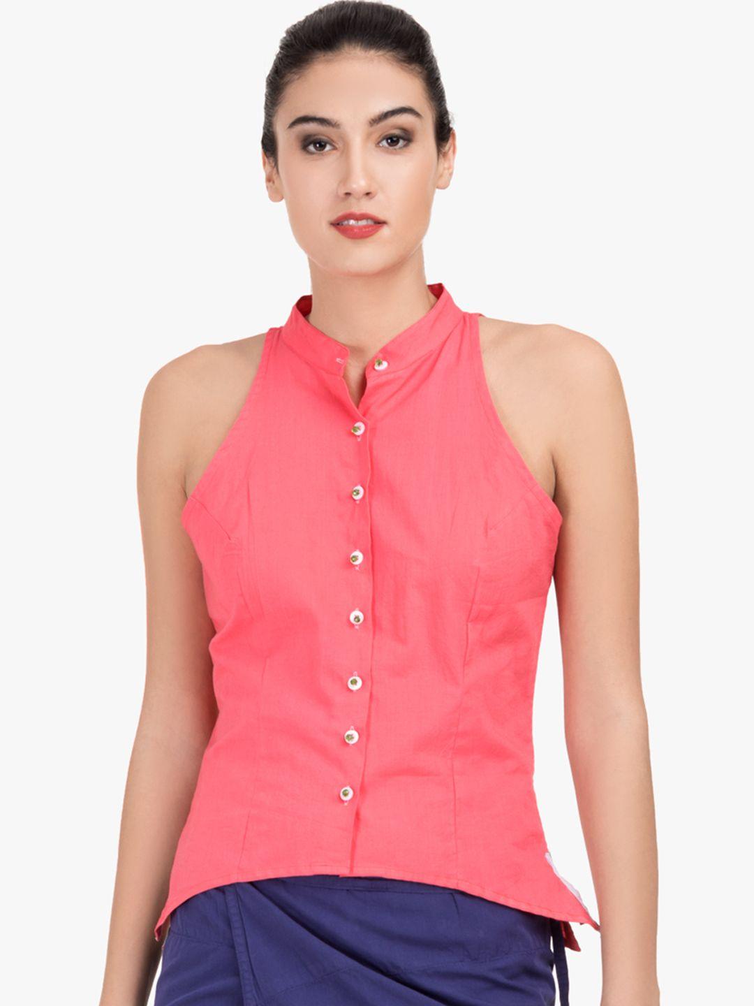 grass-by-gitika-goyal-women-pink-solid-shirt-style-pure-cotton-top