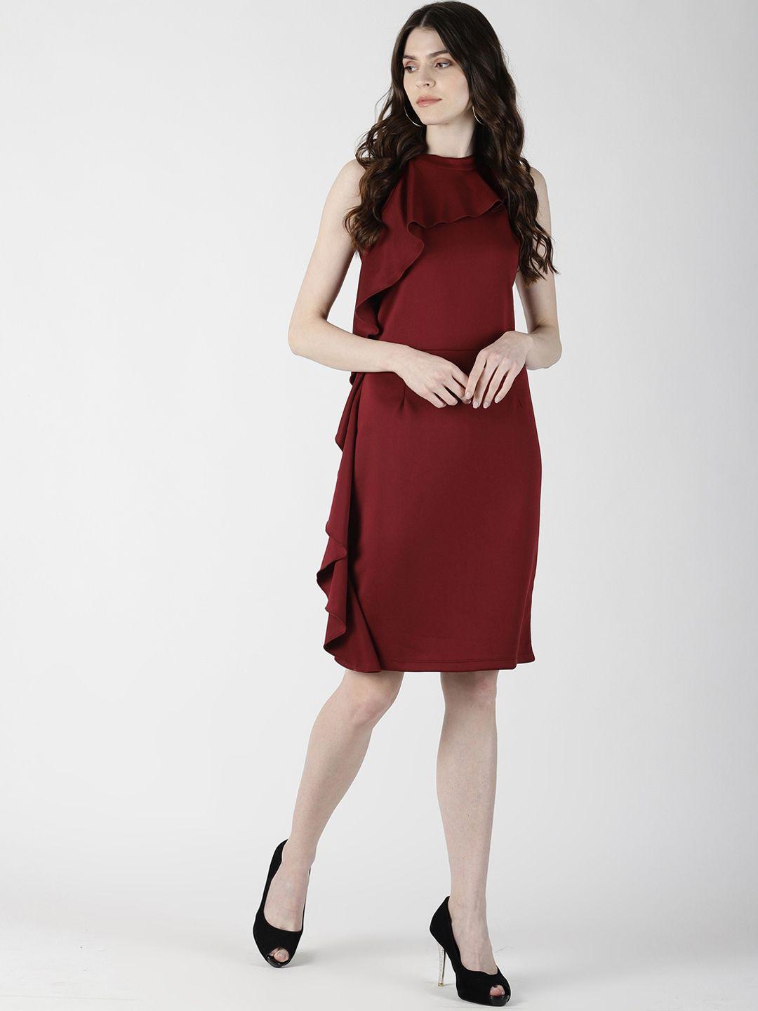 aara-women-burgundy-solid-sheath-ruffle-dress
