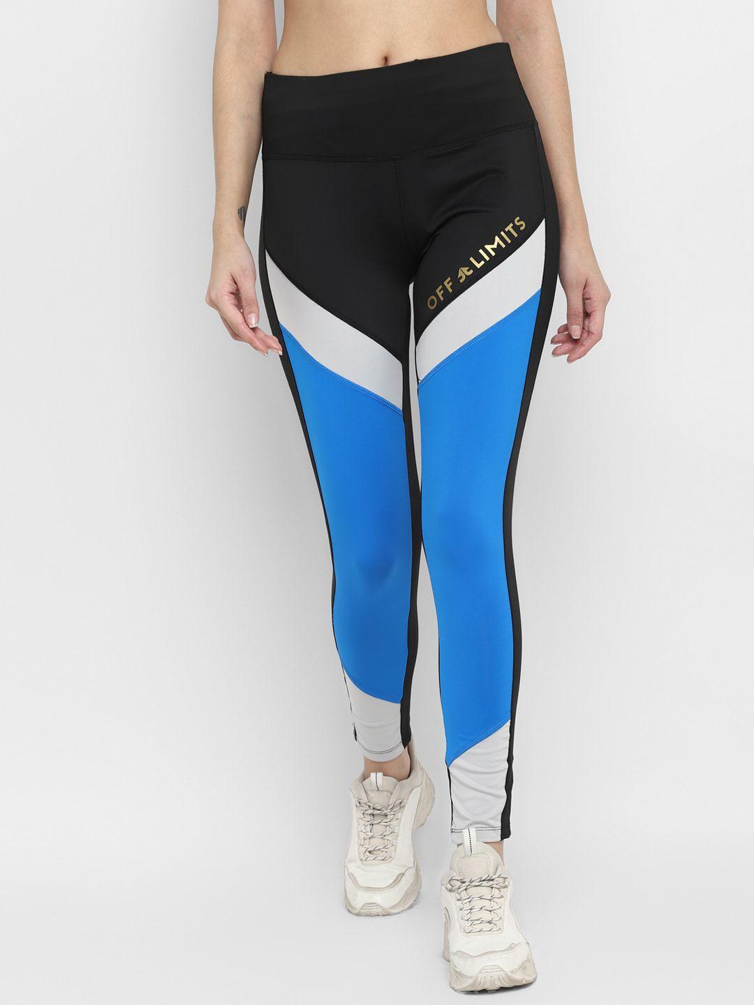 off-limits-women-black-&-blue-colourblocked-workout-tights