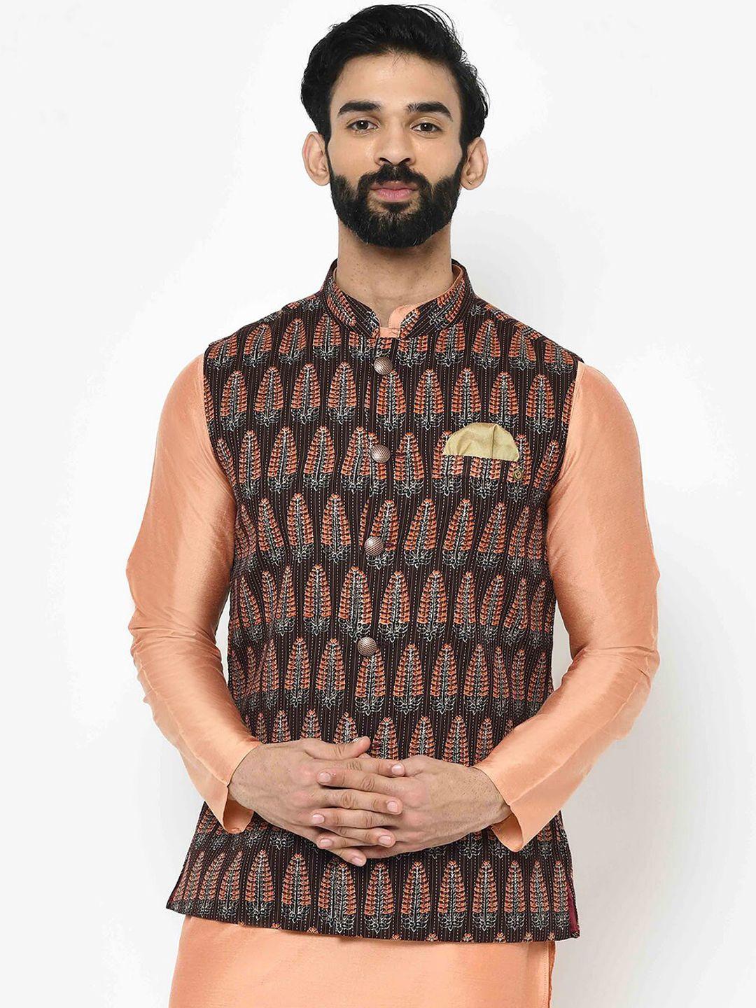 kisah-men-brown-&-orange-printed-nehru-jacket
