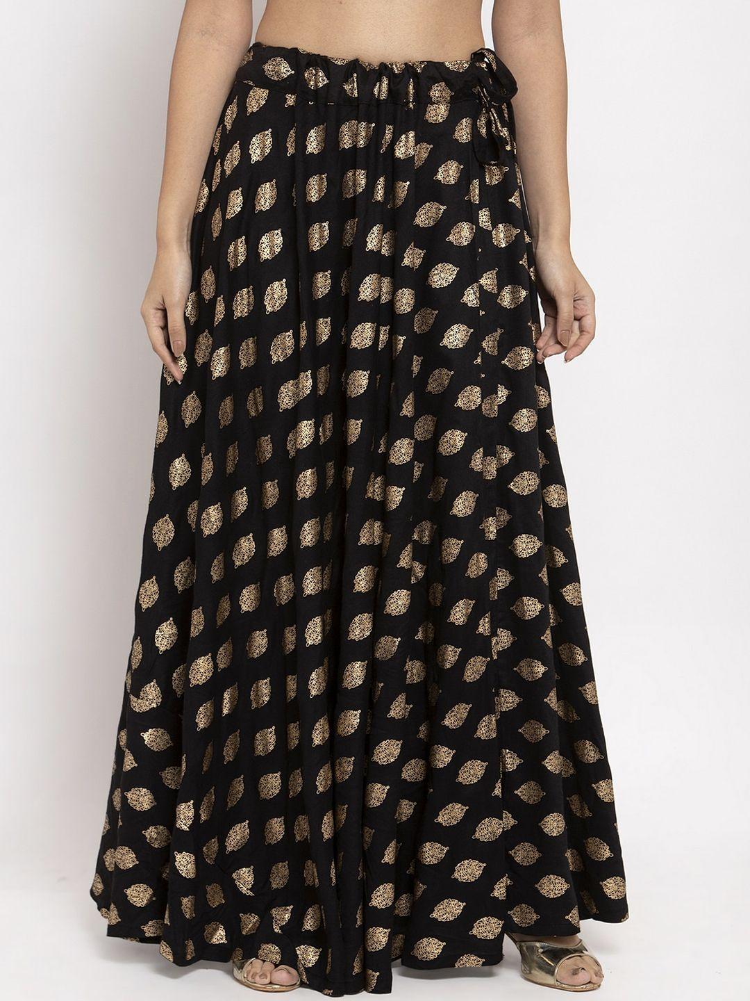 clora-creation-women-black-&-gold-colour-printed-flared-maxi-skirt