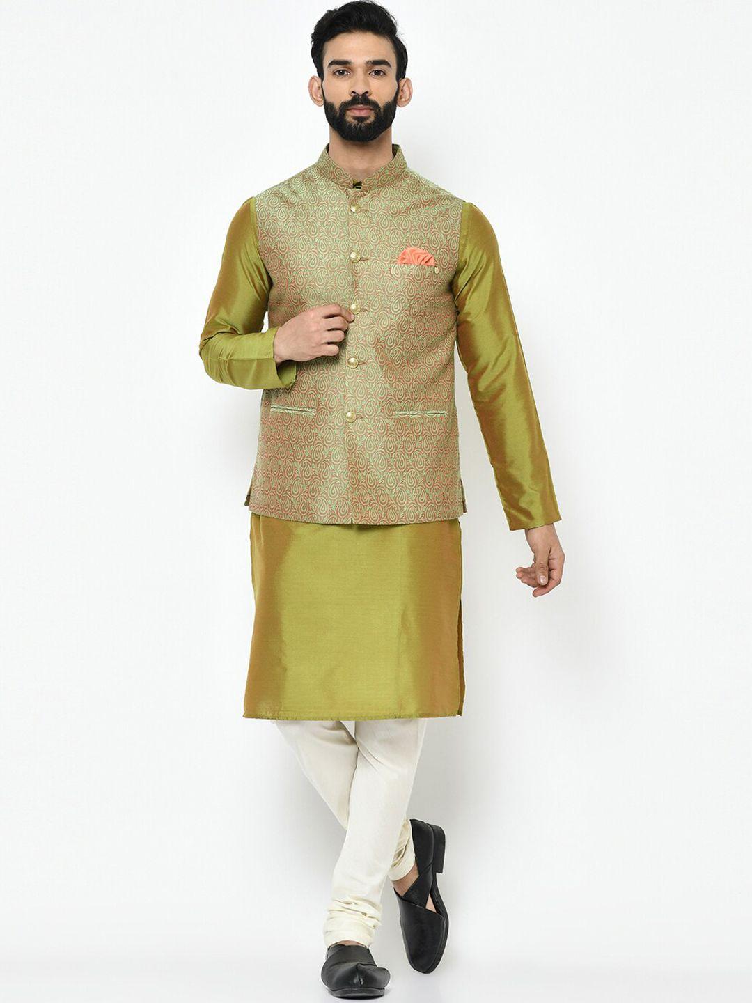 kisah-men-fluorescent-green-&-white-solid-kurta-with-pyjamas-&-nehru-jacket-set