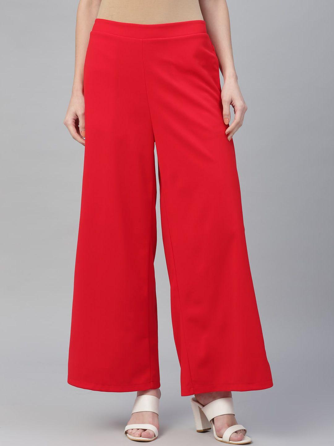 athena-women-red-smart-flared-solid-parallel-trousers