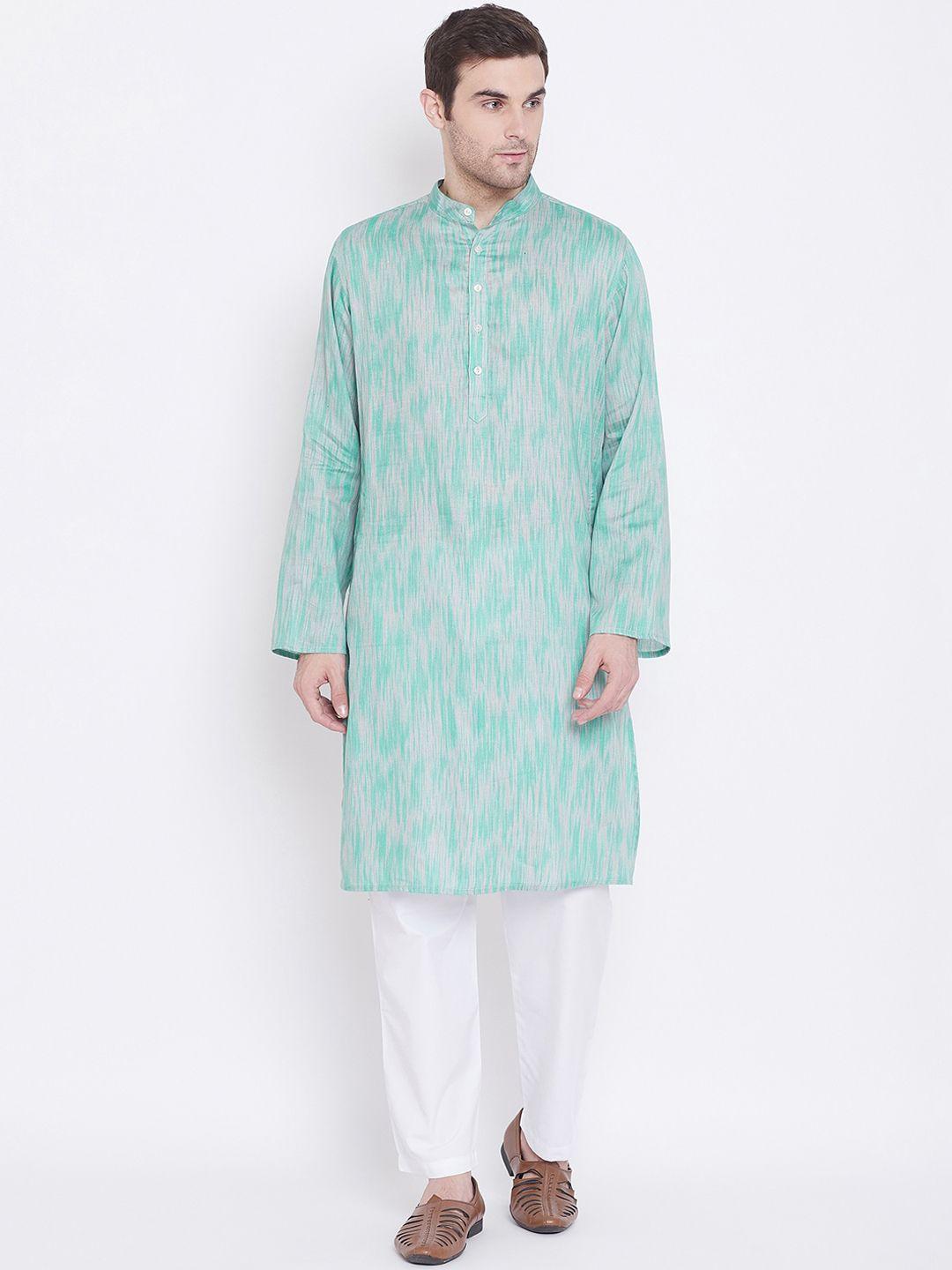 tulsattva-men-sea-green-&-white-solid-kurta-with-pyjamas