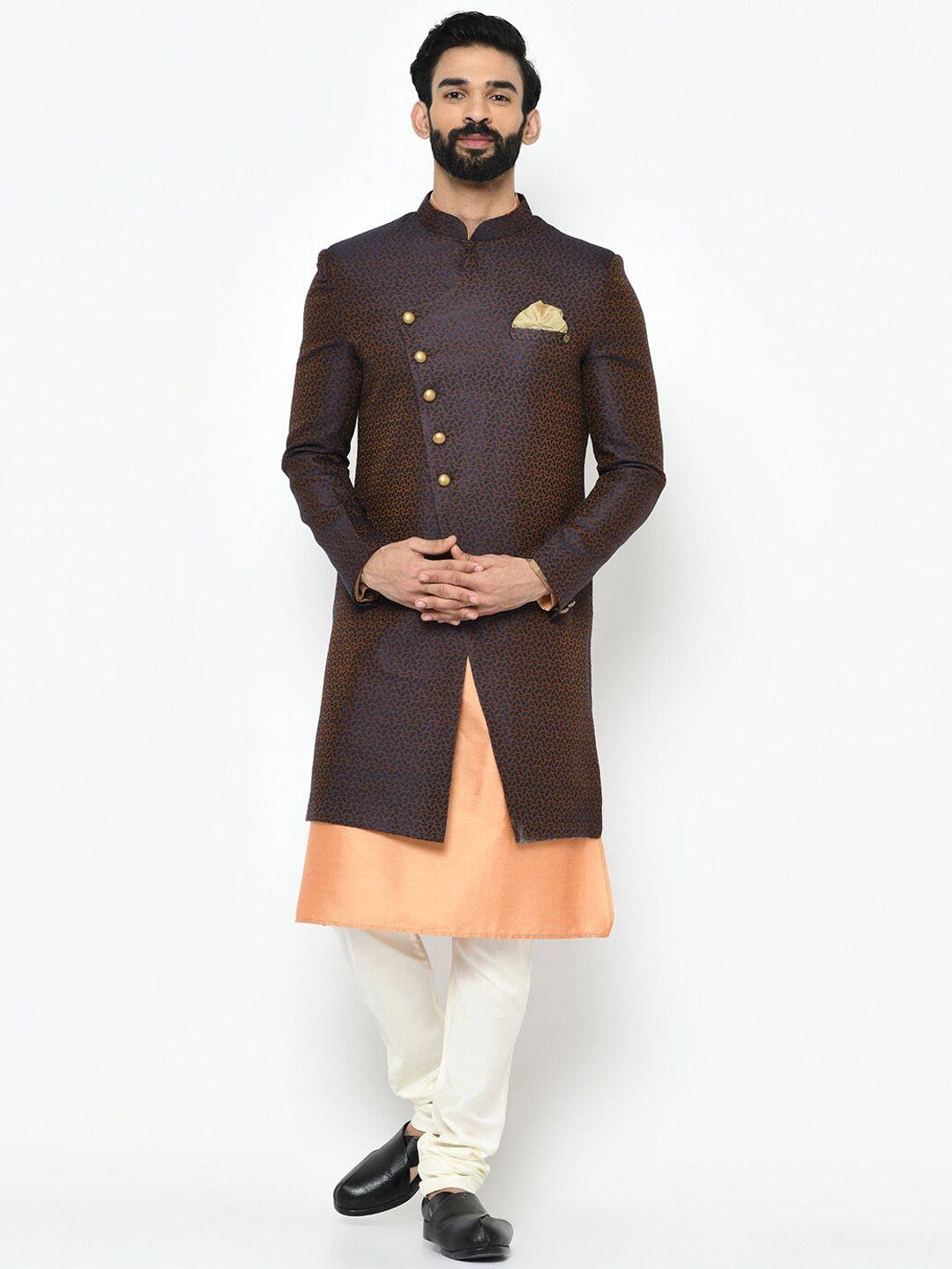 kisah-men-blue-&-orange-self-design-sherwani-set