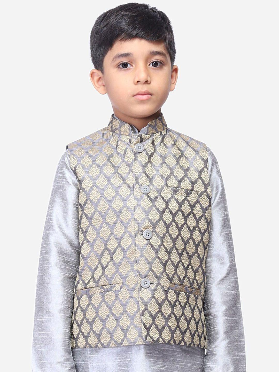 namaskar-boys-silver-coloured-&-beige-woven-design-nehru-jacket