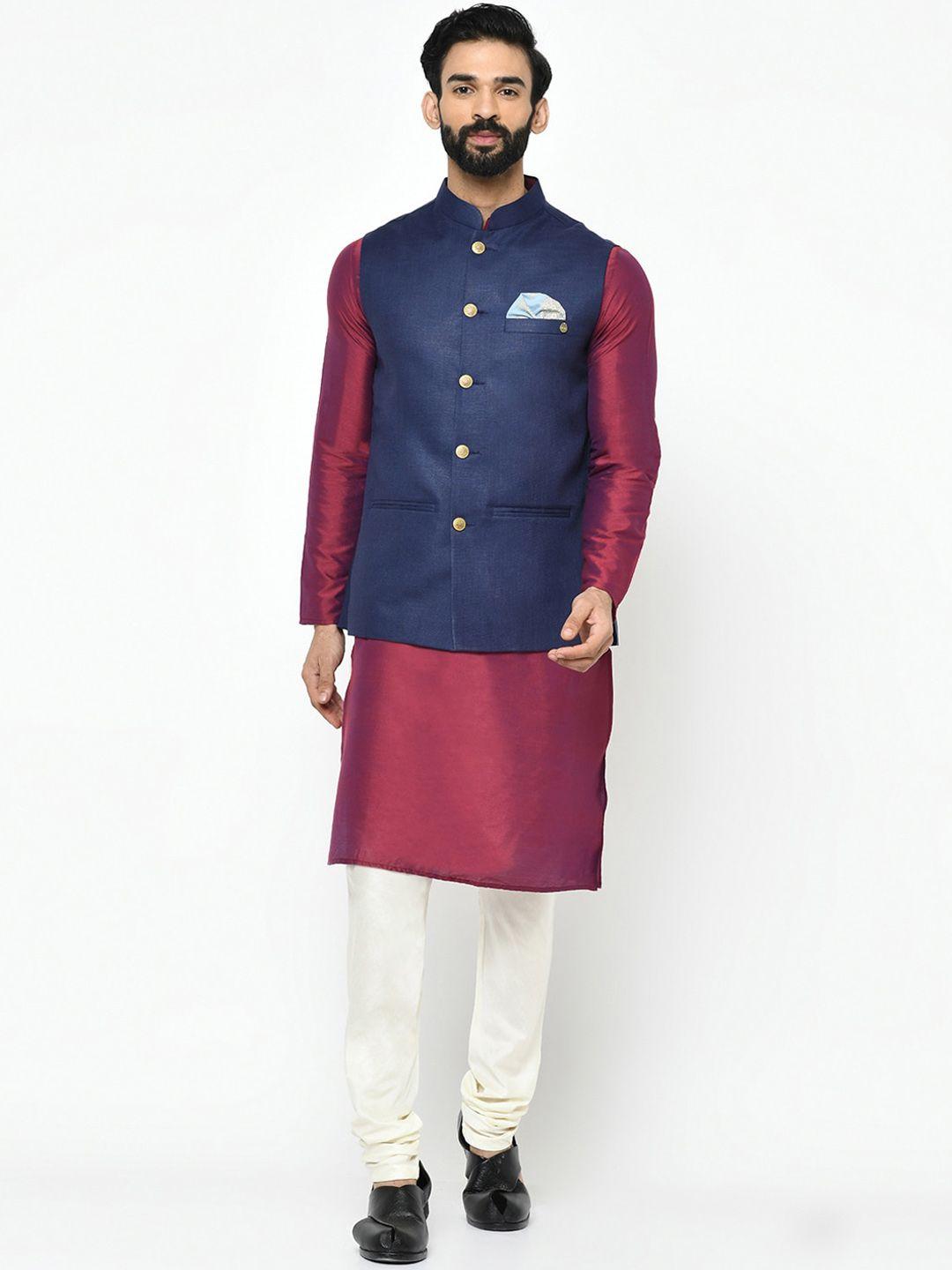 kisah-men-maroon-&-white-solid-kurta-with-pyjamas--&-nehru-jacket