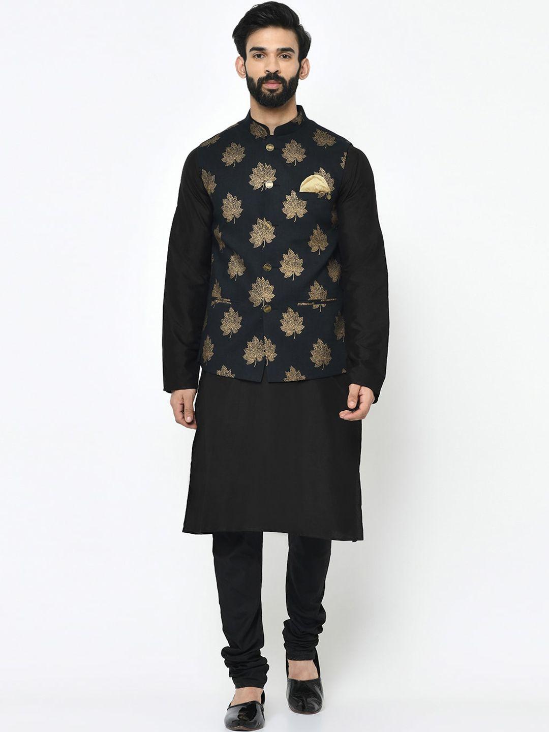 kisah-men-black-&-gold-toned-solid-kurta-with-pyjamas-with-jacket