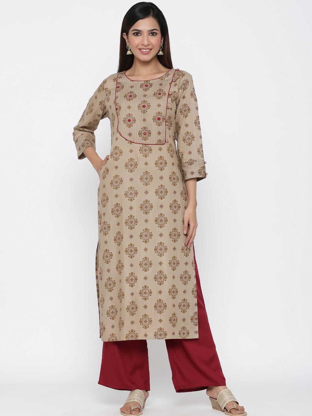 jaipur-kurti-women-khaki-printed-straight-kurta