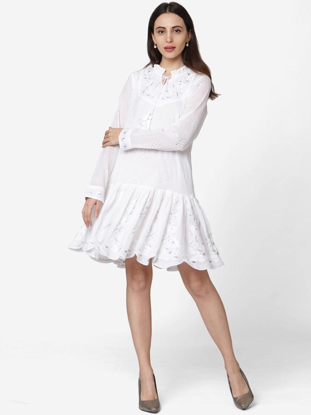 saanjh-women-white-embroidered-drop-waist-dress