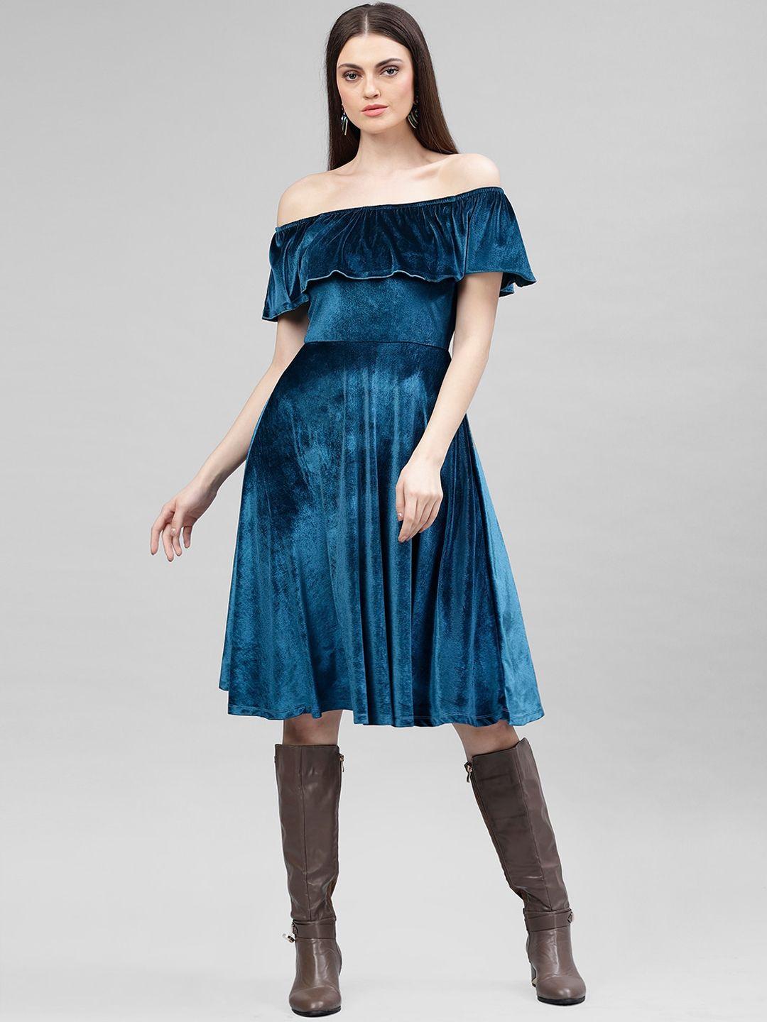 kassually-women-teal-blue-solid-off-shoulder-fit-and-flare-dress