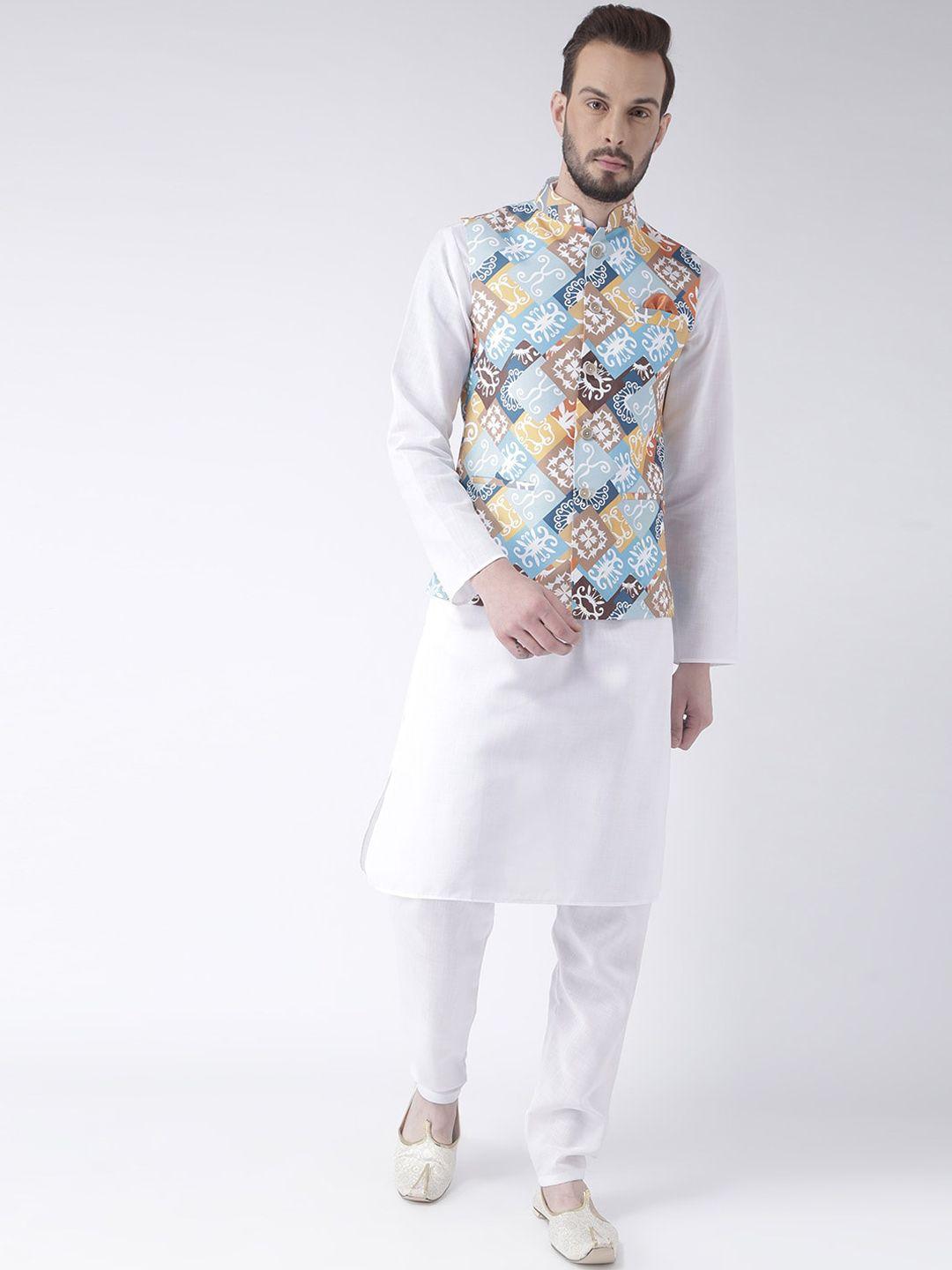 hangup-men-white-&-multicoloured-solid-kurta-with-pyjamas-and-nehru-jacket