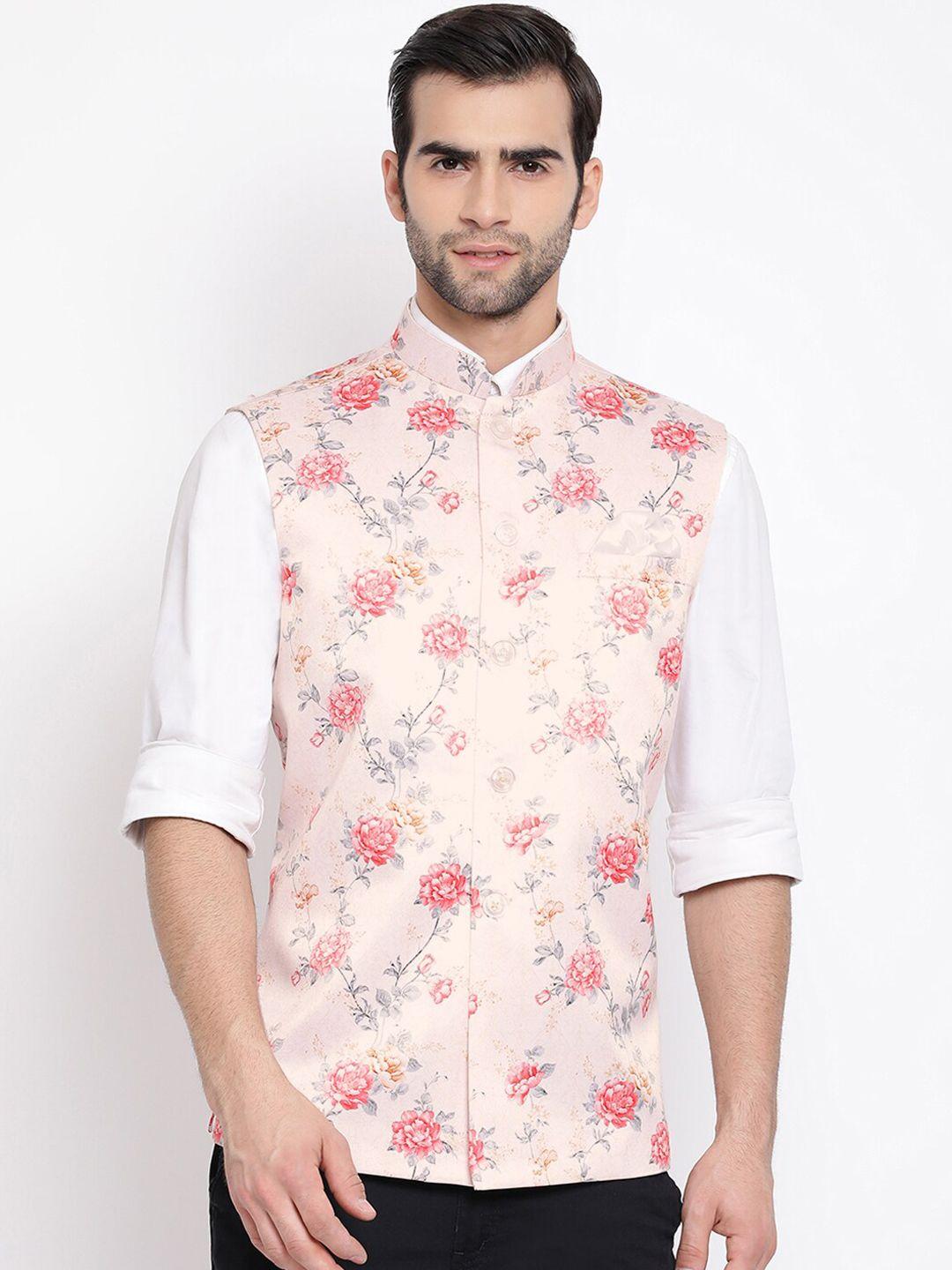 vastramay-men-peach-coloured-&-grey-floral-printed-nehru-jacket