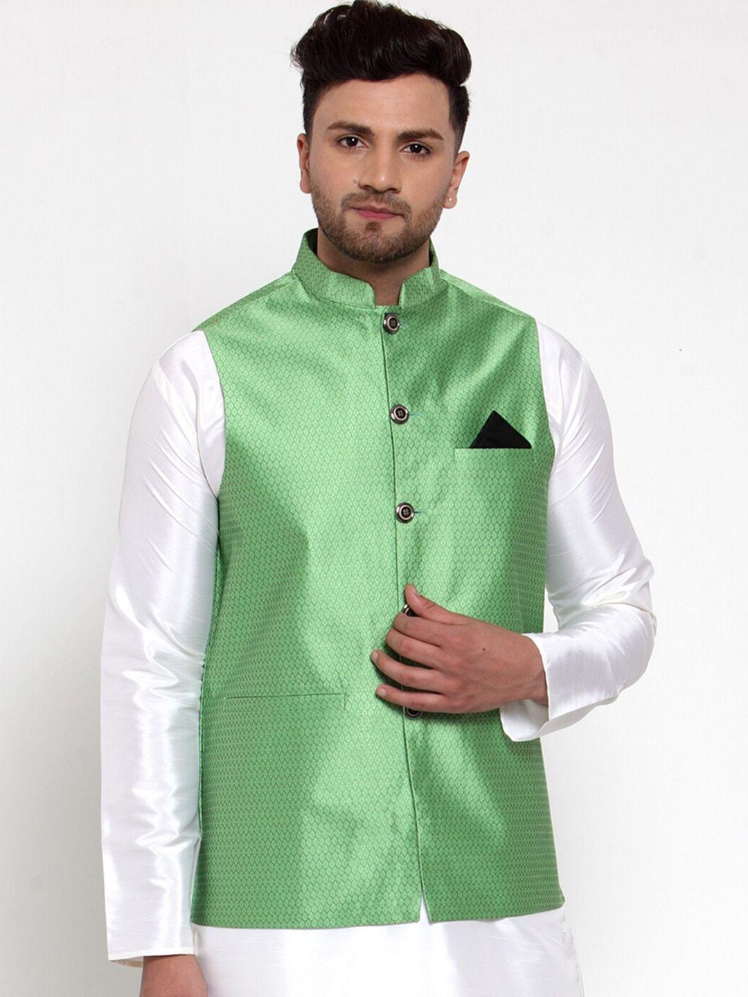 jompers-men-green-woven-design-nehru-jacket