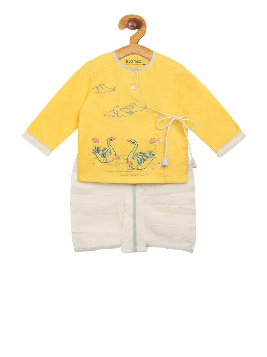 tiber-taber-boys-yellow-&-off-white-embroidered-kurta-with-dhoti-pants