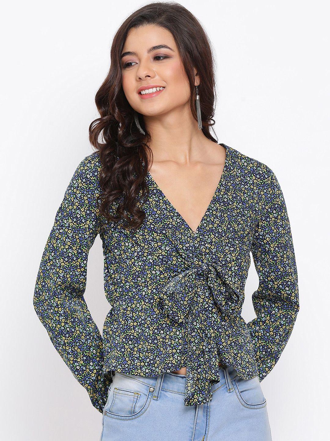 oxolloxo-women-green-&-yellow-floral-printed-wrap-top