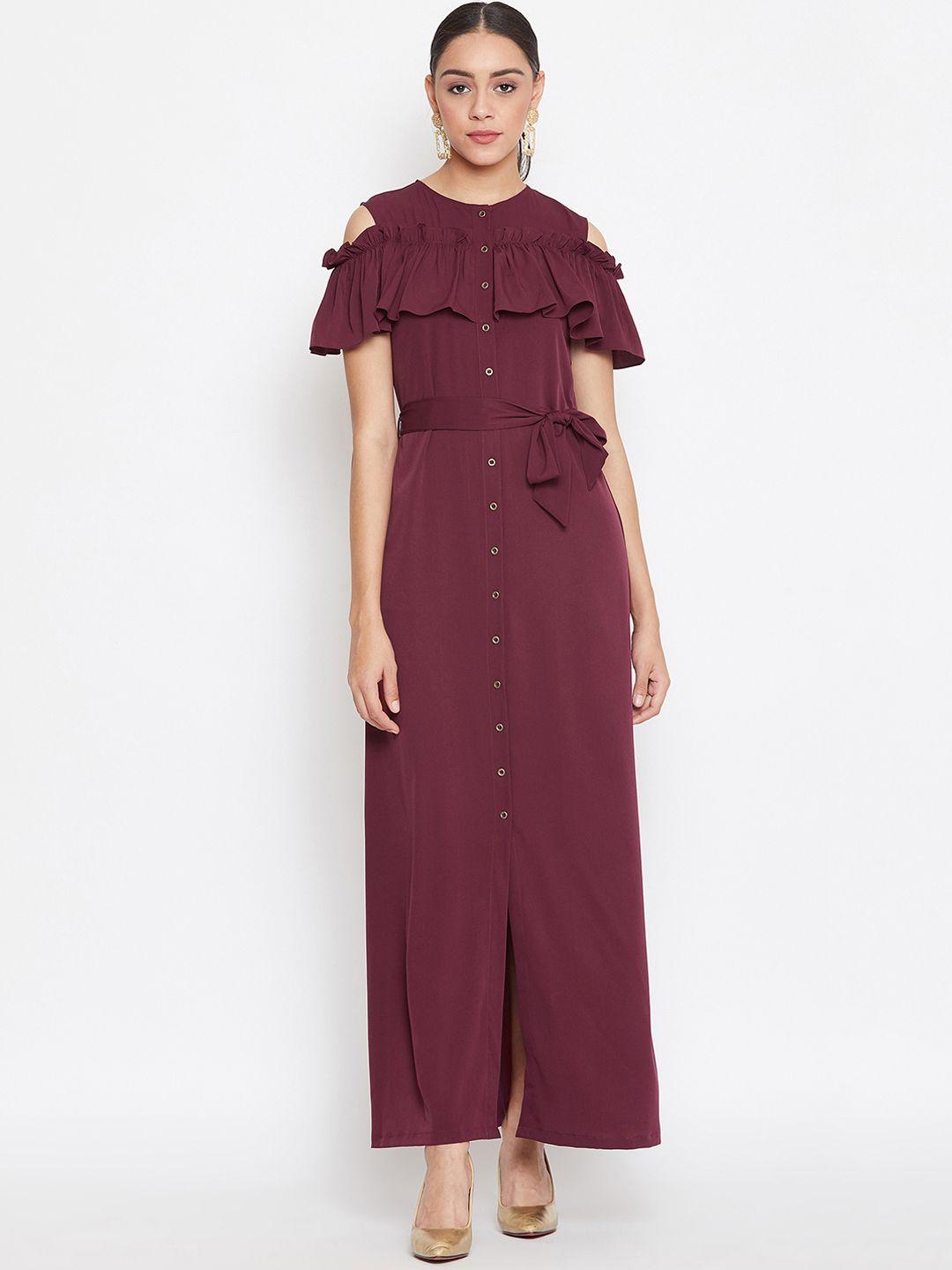 uptownie-lite-women-maroon-solid-ruffle-maxi-dress-with-cold-shoulder-sleeves