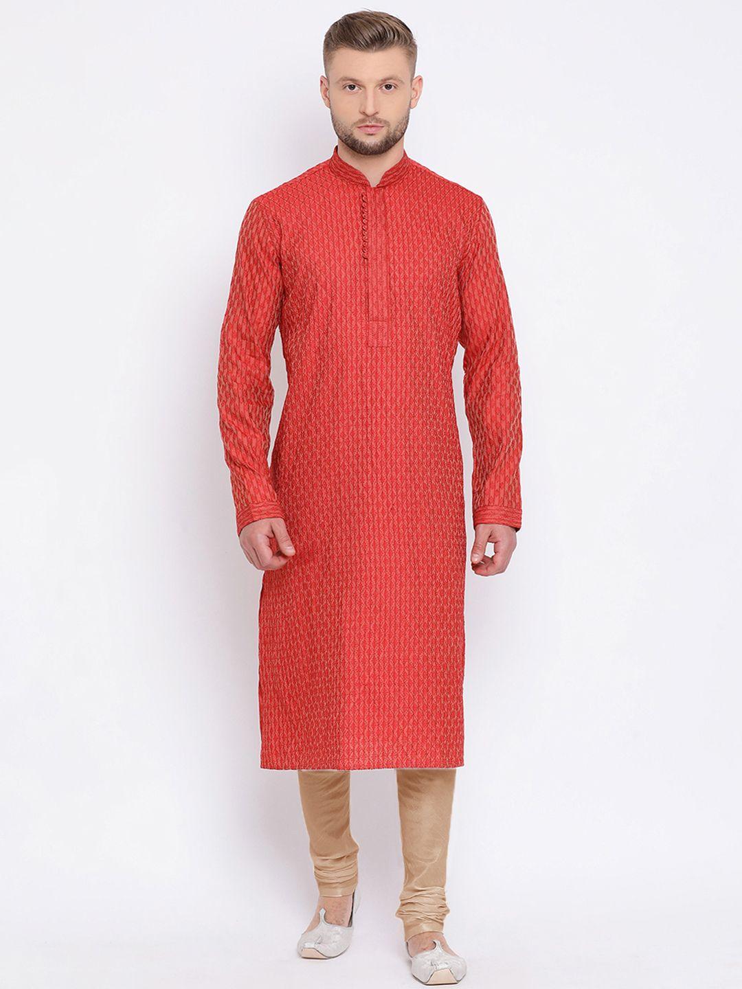 sanwara-men-red-&-gold-toned-embroidered-kurta-with-churidar