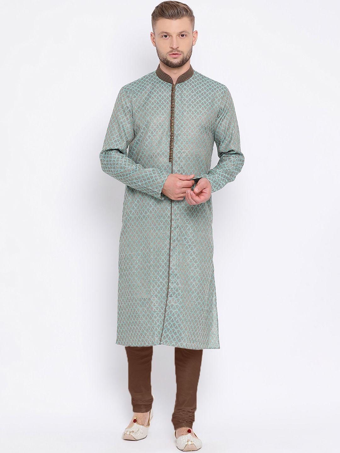 sanwara-men-green-&-brown-self-design-kurta-with-churidar