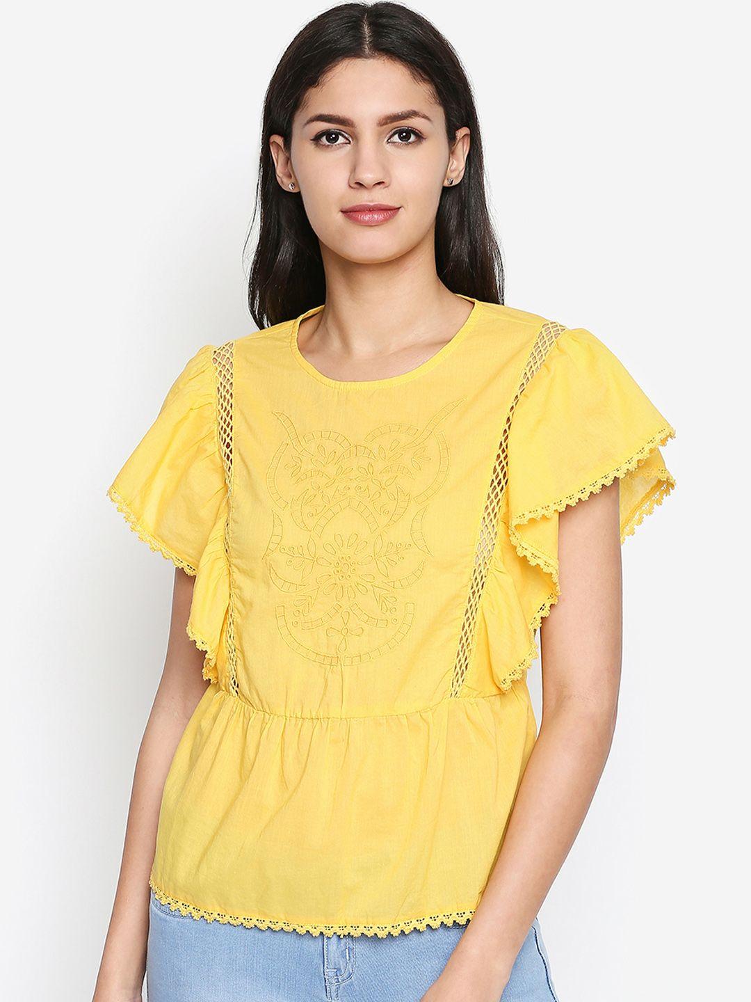 oxolloxo-women-yellow-embroidered-pure-cotton-top