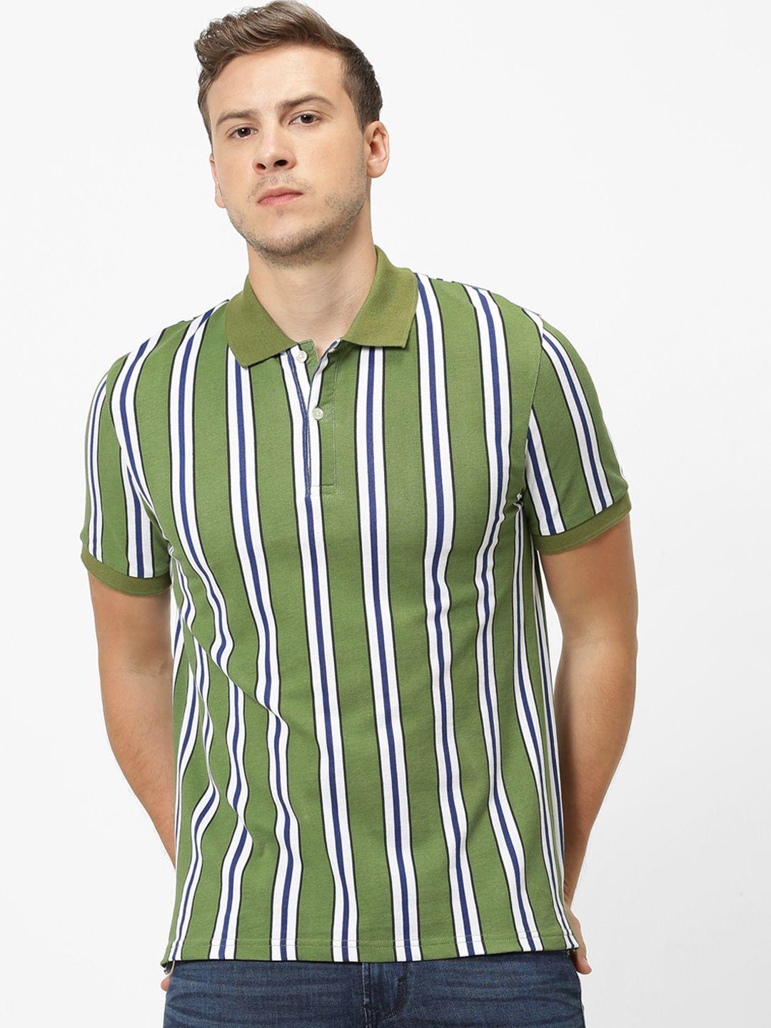 celio-men-olive-green-striped-polo-collar-t-shirt