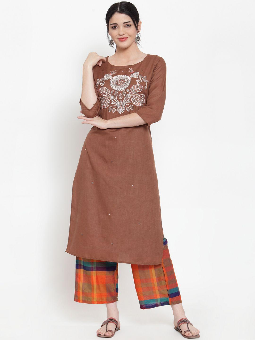 anaisa-women-brown-embroidered-kurta-with-palazzos