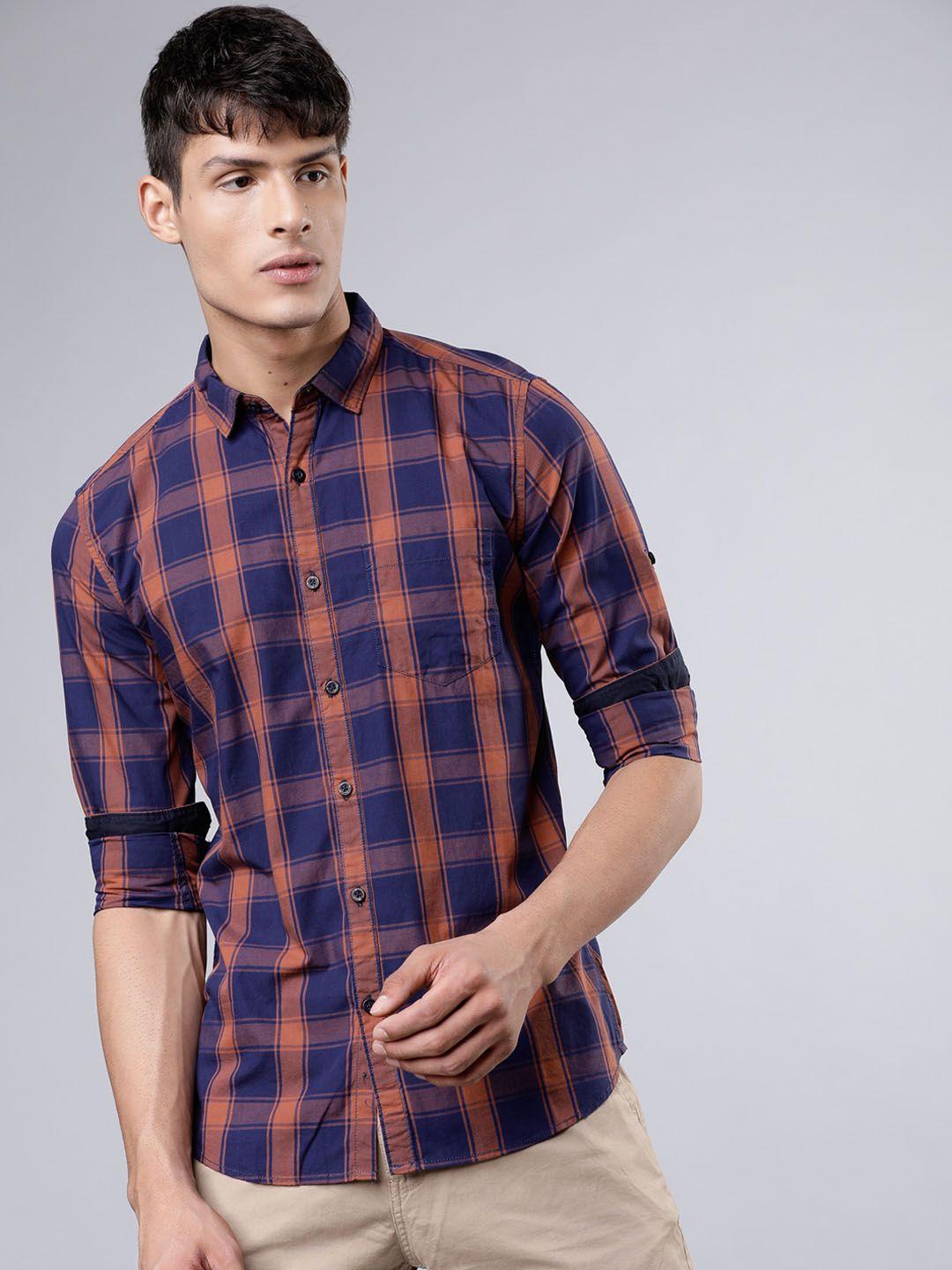 highlander-men-navy-blue-&-rust-slim-fit-checked-casual-shirt