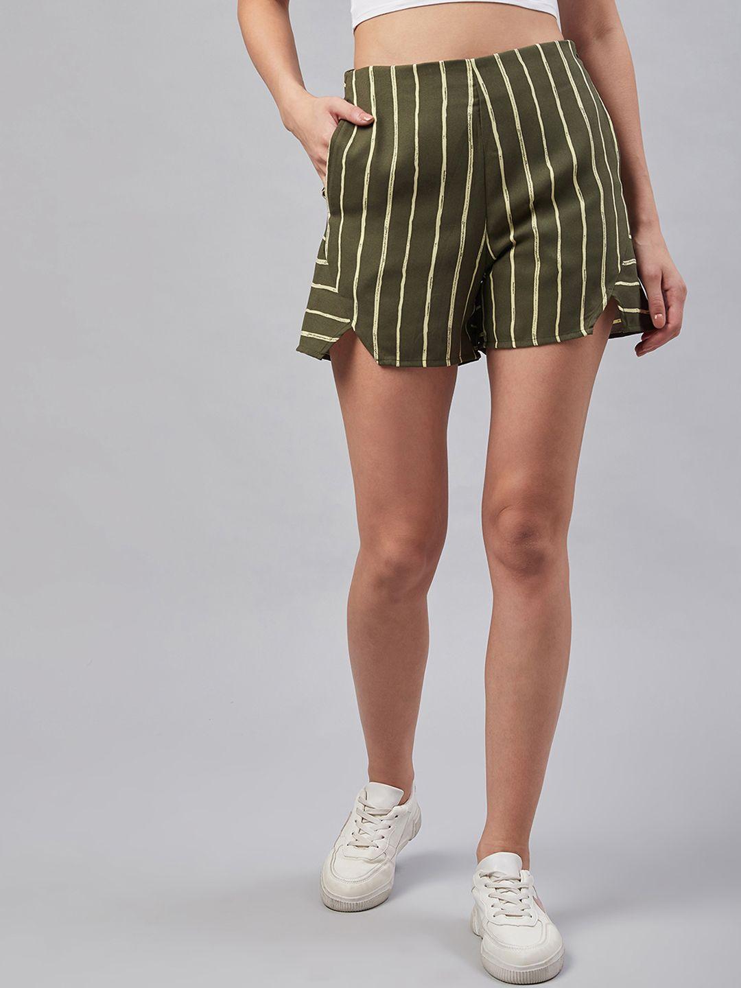 marie-claire-women-olive-green-&-beige-striped-regular-fit-regular-shorts
