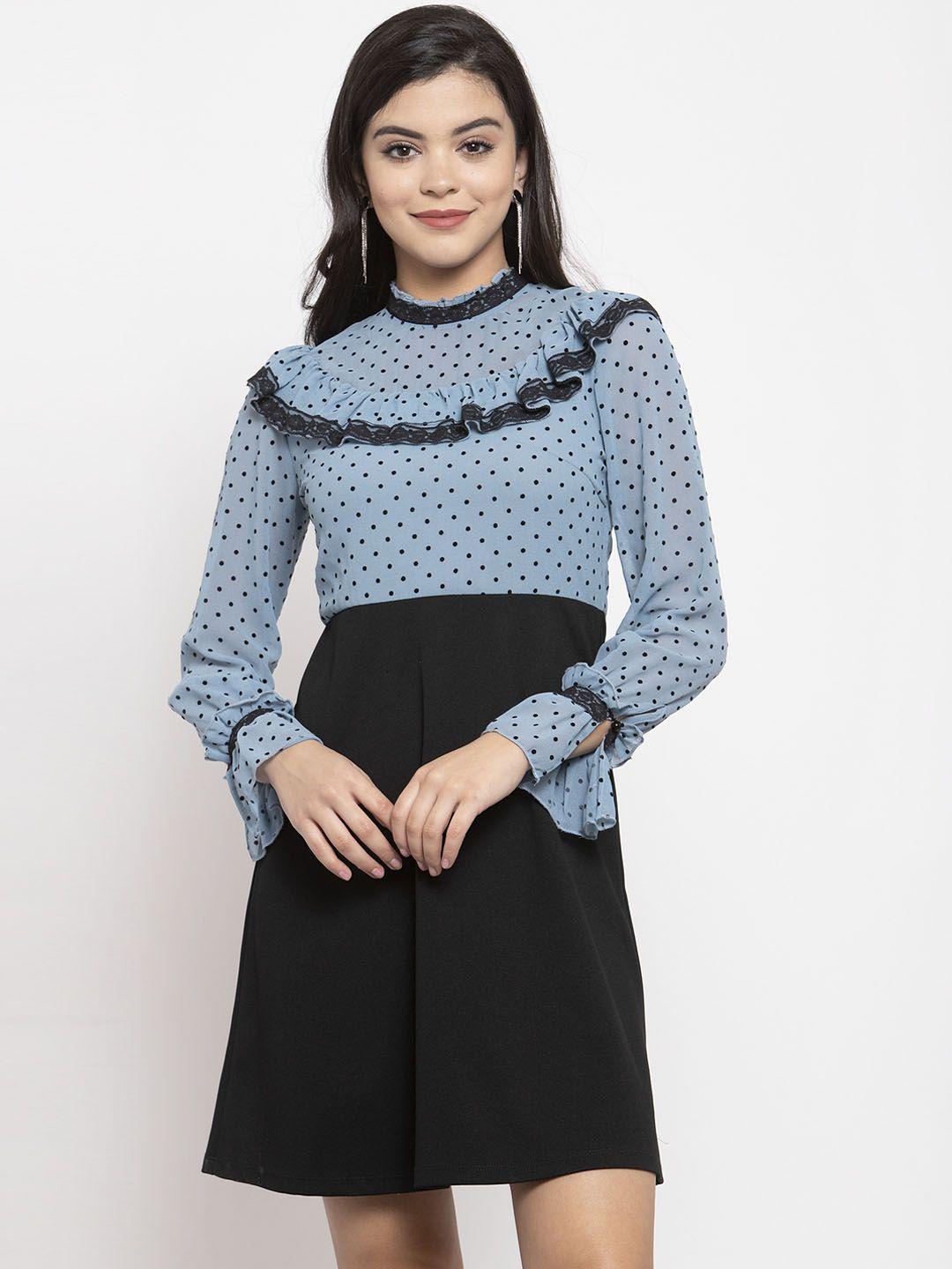 kassually-women-blue-&-black-printed-fit-and-flare-dress